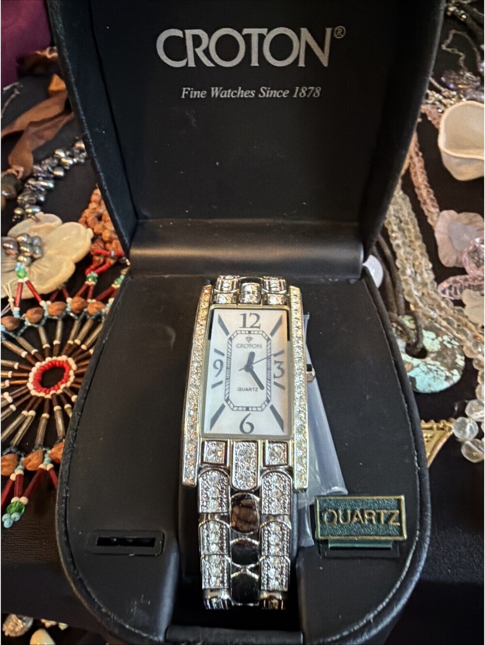 Croton Women’s Quartz Rectangle Watch Silver Bracelet Cz Encrusted w/Box